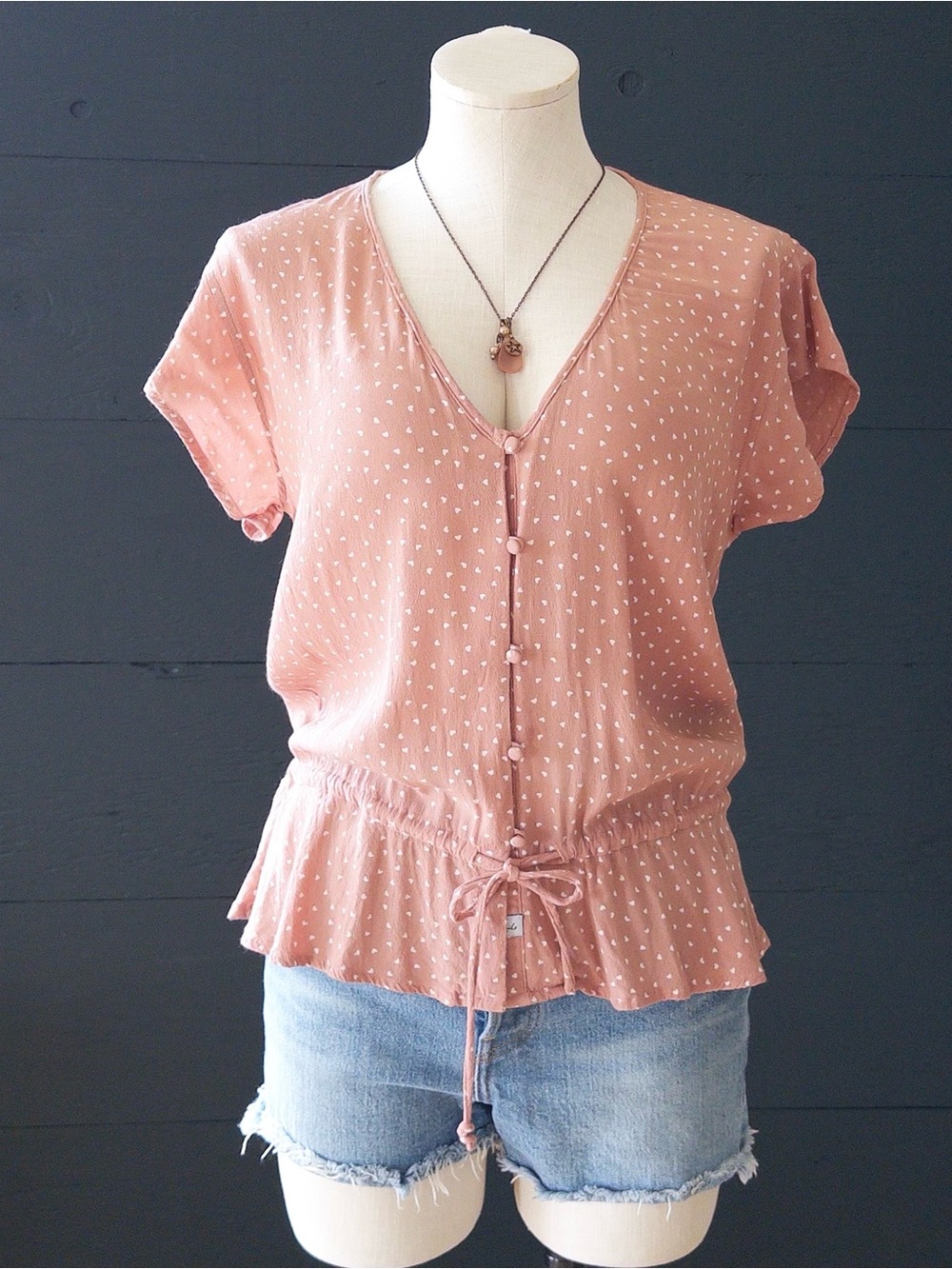 Rails Bretton Rosewood Mimi Hearts Print Button Front Peplum Blouse Top Size S